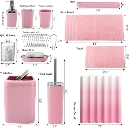 Pink Bathroom Accessories, 24 Pieces Pink Bathroom Accessories Set with Shower Curtain, Bath Towels, Trash Can, Soap Dispenser and Soap Dish for Bathroom/Housewarming