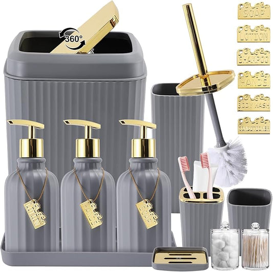 17PCS Bathroom Accessory Set Bathroom Set Grey Bathroom Accessories,Toilet Brush,Trash Can, Qtip Holder Dispenser& 3PCS Soap Dispenser