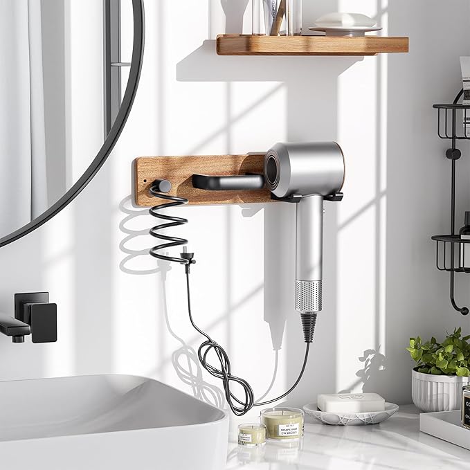 Tindbea Hair Dryer Holder Curling Iron Holder Flat Iron, Blow Dryer Holder Wall Mount, Bathroom Hair Tool Organizer Rack for Universal Dryer (Sapele Wood Matte Metal, Matte Black)
