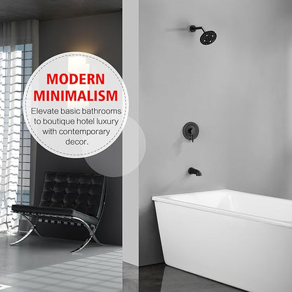sumerain Modern Matte Black Tub and Shower Faucet Set with 6-Inch 6 Settings Rain Shower Head and Tub Spout, Valve Included