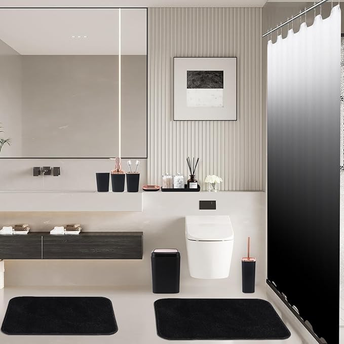 Bathroom Accessory Set–Bathroom Set with Shower Curtain and Rugs, No Slip Bathroom Rugs Super Absorbent, Black Ombre Water-Proof Shower Curtain with Hooks,Black Bathroom Sets Complete for Home