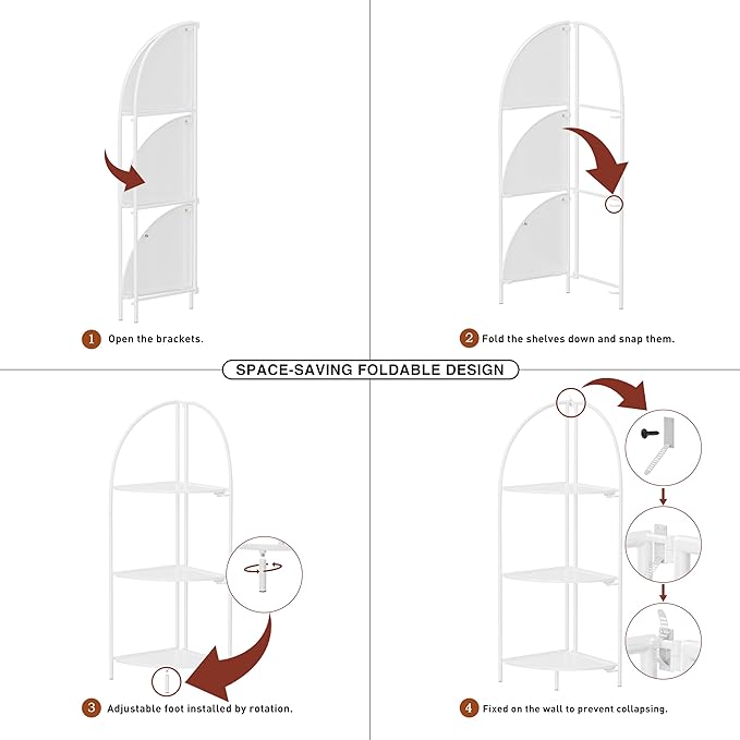 Crofy Foldable 3 Tier Corner Shelf, Metal Corner Plant Stand with White Frame and White Shelves, Corner Display Rack Multipurpose Shelving Unit for Living Room, Bedroom, Bathroom