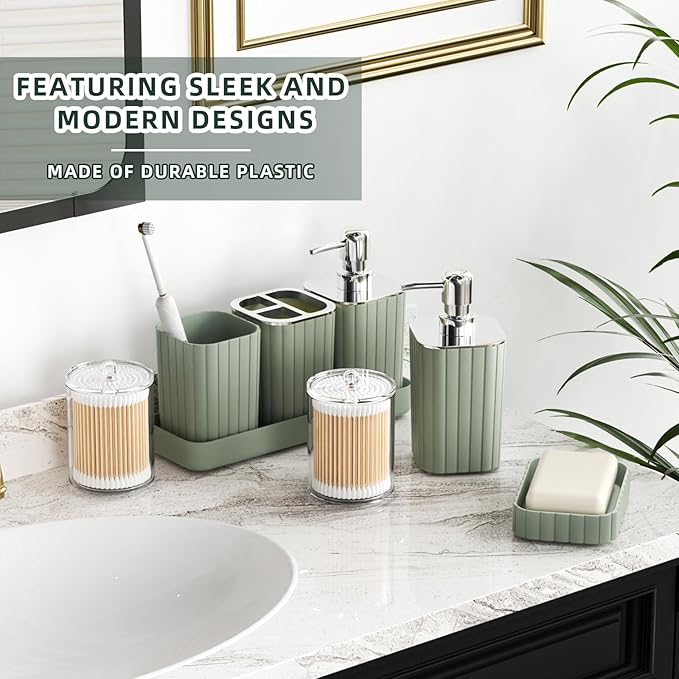 Bathroom Accessories Set - Gorgeous Sage Green Bathroom Set, 10PC Bathroom Accessory Set, Toilet Brush, Trash Can, Qtip Holder Dispenser & Soap Dispenser