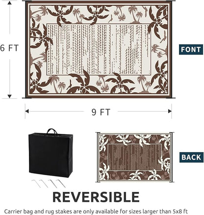 COCOER Outdoor-Rug 6x9 ft Waterproof Reversible Outdoor Plastic Straw Rug RV Indoor Outdoor Carpet Quick Dry Patio Rug Camping Mat for Balcony Backyard Picnic Beach-Brown&Beige