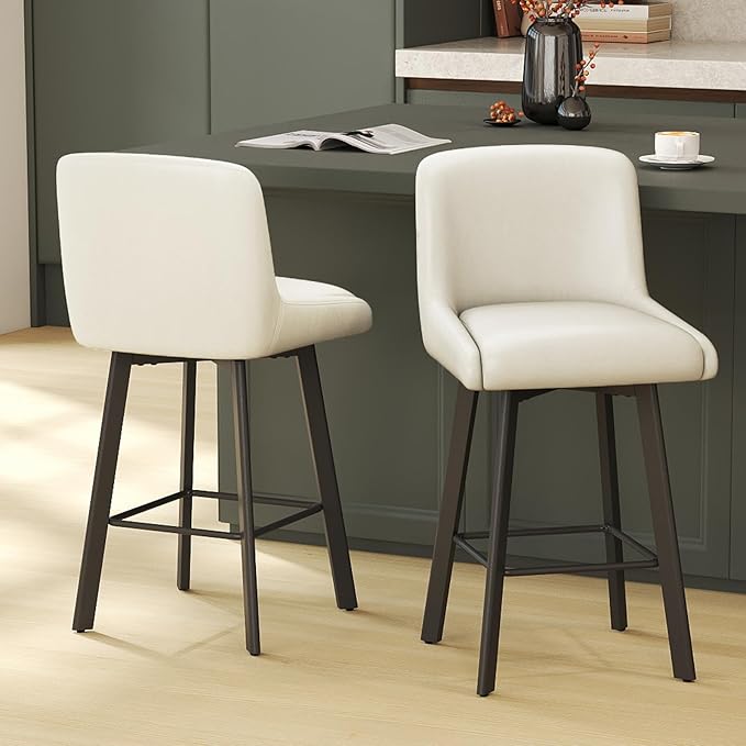 Swivel Bar Stools, 26''H Upholstered Barstools with Backs, Modern Counter Height Bar Stool Chairs for Kitchen Island, Metal Legs (Antique White- Faux Leather, Set of 2-26" H)