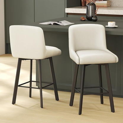 Swivel Bar Stools, 26''H Upholstered Barstools with Backs, Modern Counter Height Bar Stool Chairs for Kitchen Island, Metal Legs (Antique White- Faux Leather, Set of 2-26" H)