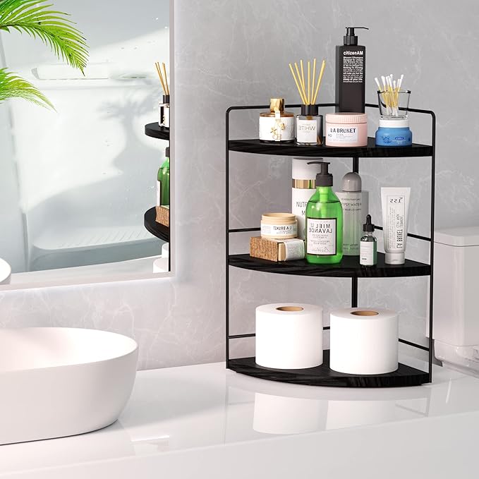 ZGO 3-Tier Bathroom Organizer Countertop, Corner Bathroom Counter Organizer, Makeup Organizer for Vanity Skincare Organizers and Storage, Bathroom Counter Storage(Black)