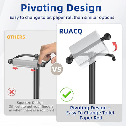 RUACQ Toilet Paper Holder Stand, Bathroom Toilet Paper Roll Holder Free Standing, Toilet Tissue Holder Stand with Post Pivoting Design, Stable Weighted Base, SUS304 Stainless Steel (Matte Black)