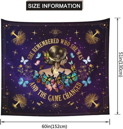 Inspirational Quote Tapestry She Remembered Who She Was And The Game Changed Positive Quotes Wall Decor,Uplifting Encouragement Gifts Inspirational Gift for Women Girls Tapestry for Bedroom 60"x50"