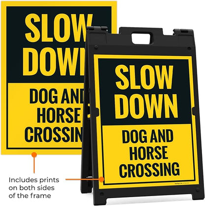 Slow Down Dog and Horse Crossing Sidewalk Sign Kit, 18x24 Inches, with A Frame Stand, Made in USA