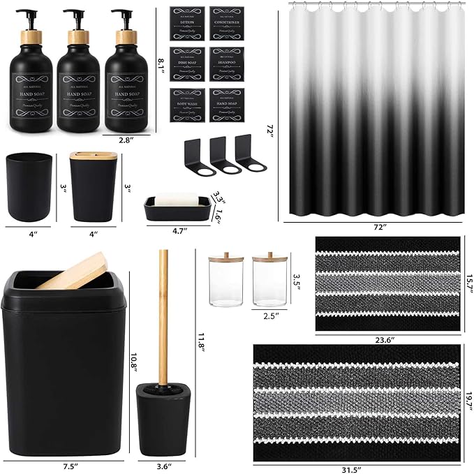 34PCS Black Bathroom Accessories Sets Complete, with Shower Curtain, Rugs, Trash Can and Toilet Brush, 3PCS 17oz Soap Dispenser Wall Mounted, Toothbrush Holder and Cup, Soap Dish, Qtip Holder