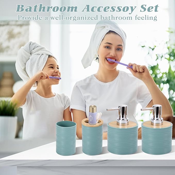 Blue Bathroom Set, Light Blue Bathroom Accessories Set with Trash Can, 2PCS Soap Dispensers, Soap Dish, Toothbrush Holder, Toothbrush Cup,Toilet Brush, Tray and Qtip Holders for Bathroom Decor
