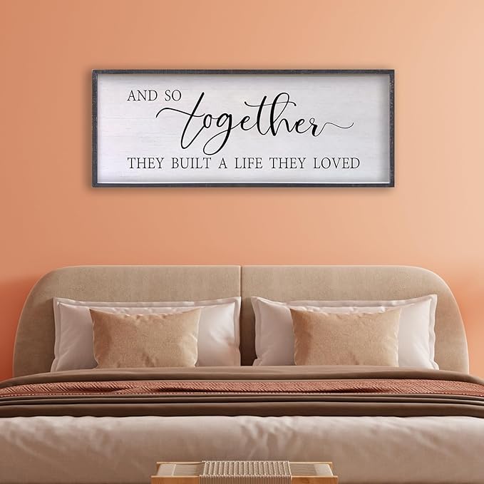 And So Together They Built A Life They Loved Sign Above Bed Wall Decor 24×10 Inch Master Bedroom Over Bed Wood Framed Wall Art (Black)