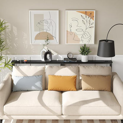 ELYKEN 2 Pack 5.9" Narrow Console Sofa Table with Power Outlets, 5.9" Dx39.4 Wx31.1 H Long Black Behind Couch Table with Metal Frame and Charge Station with 6.5’ Extension Cord