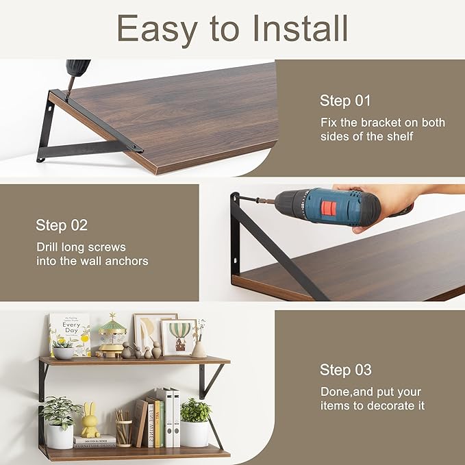 Deep Floating Shelves for Wall, 12 Inch Deep Floating Shelves Set of 2, 16"W x 12"D Wall Shelf, Wide Display Ledges Shelves for Bedroom, Bathroom, 12 Deep Bookshelf Wall Mounted - Walnut Color