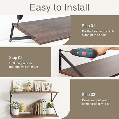 12 Inch Deep Floating Shelves,48W x 12D Floating Shelves, Deep Wall Shelves Bracket Set of 2, Large Display Floating Shelf for Bathroom, Living Room, Wide Storage Wooden Wall Shelf, Walnut