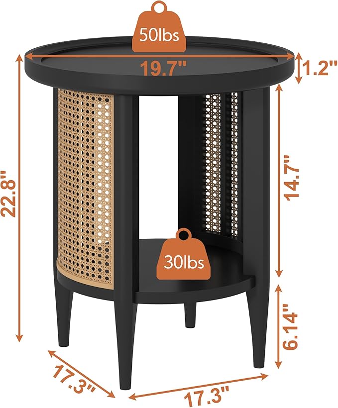 Yusong Round End Table Rattan Side Table with Solid Wood Legs, Boho Style Nightstand Bedside Table with 2-Tier Shelves, Small Coffee Table for Living Room Bedroom Small Spaces Black