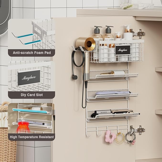 Hair Dryer Holder Wall Mounted, Adheisve Hair Styling Tool Organizer for hair Brush/Appliance Wall Mount with 5 Tier Shelf Basket Hooks Blow Dryer and Straightener Holder for Bathroom(White)