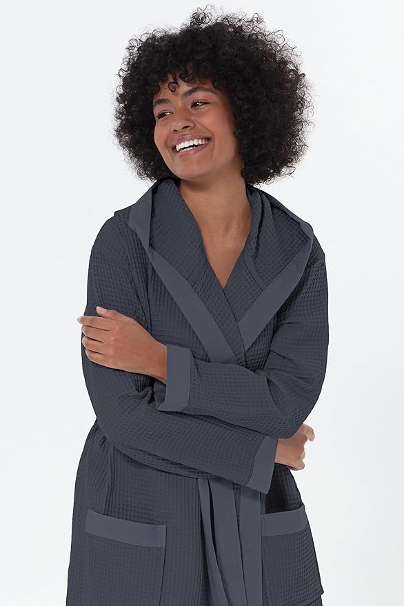 Women’s Luxury Waffle Shawl Collar, Hooded Robe w Piping – Lightweight, Long, Ultra Soft Spa Sleepwear Bathrobe