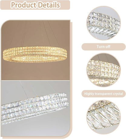 Dia 40" Modern Crystal Chandelier Ring Chandelier Adjustable Height Luxury Crystal Pendant Ceiling Light Fixture for Dining Living Room Bedroom