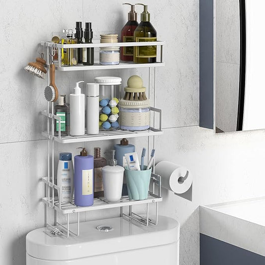 Over The Toilet Storage,3-Tier Bathroom Organizer Shelves with Paper Holder, Multifunctional Toilet Rack,No Drilling Storage Shelf, Home Storage Space Saver Wall Mounting Design,White