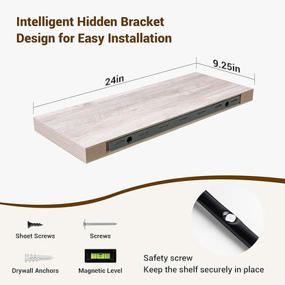 24 Inch Floating Shelves, 3D Textured Wood Grain, 24"x9.25"x1.5" Inch Deep Floating Shelves for Wall, Wooden Shelves for Bathroom, Bedroom, Living Room, Washed White, 2 Pieces