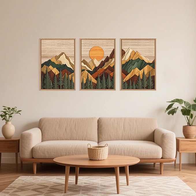 Celestdeco Woodcut Style Mountain Framed Canvas Wall Art Set, Large Brown Ridge Wall Decor, Boho Pine Tree Wall Painting, Abstract Wooden Art Print for Living Room, Bedroom, Office - 24"X36"X3(Not-3D Effect)