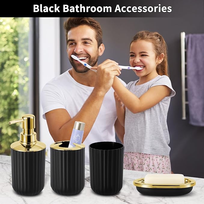 Black and Gold Bathroom Set with Shower Curtain and Rugs, Bathroom Accessories Sets with Extra Soft and Absorbent Bath Rugs Shower Curtain Black Bathroom Sets for Bath