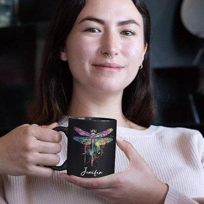 Colorful Dragonfly Ceramic Cup - Personalized Name Coffee Mug for Birthday, Gift for Son Daughter, Customized Black Animal Mug, Dragonfly Lover Cup 11oz 15oz