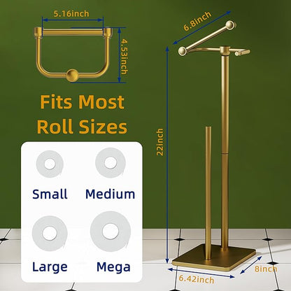 RUACQ Toilet Paper Holder Stand, Bathroom Toilet Paper roll Holder Free Standing with Storage for 4 Rolls, Post Pivoting Design, Stable Weighted Base, SUS304 Stainless Steel (Brushed Gold)