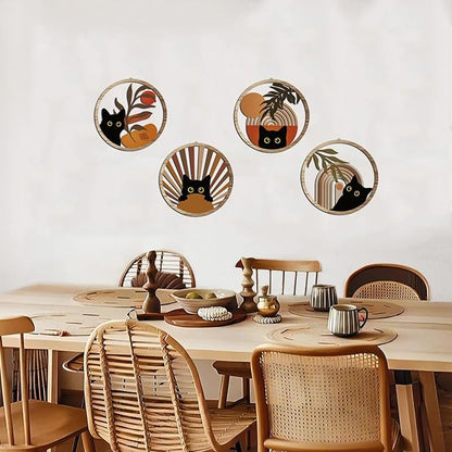 RETRART Boho Black Cat Wall Art Black Cat Room Decor Aesthetic, 4-Piece Farmhouse Geometric Wooden Cat Wall Decor Mid-Century Bohemian Moon Sun Design for Nursery, Bedroom Perfect Cat Lover Gifts