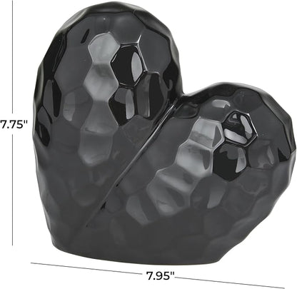 Deco 79 Porcelain Ceramic Heart Decorative Sculpture Dimensional Angled Origami Inspired Home Decor Statue, Accent Figurine 8" x 3" x 8", Black