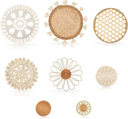 Boho Wall Basket Decor Set of 8 - Flat Woven Basket Wall Hanging Decor,Round Tassels White Macrame Tapestry Wall Decor Art,Handmade Rattan Wicker Seagrass Home Wall Baskets Decor（Boho Classic)