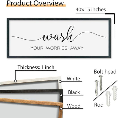 SRSZHIYUE Wash Your Worries Away Bathroom Sign Wall Art 40"x15" Funny Restroom Toilet Large Wood Framed Hanging Decor (Black)
