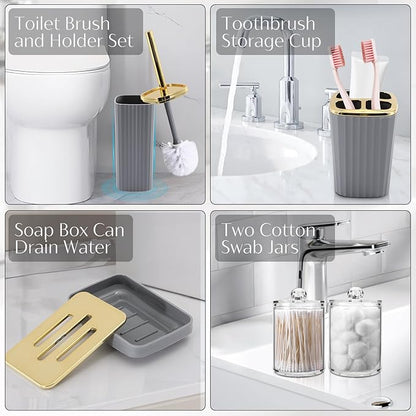 17PCS Bathroom Accessory Set Bathroom Set Grey Bathroom Accessories,Toilet Brush,Trash Can, Qtip Holder Dispenser& 3PCS Soap Dispenser