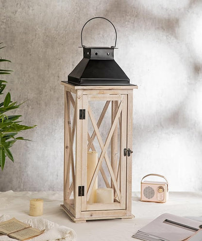 TIMRIS Large Wooden Candle Lanterns Decorative Set of 2, Rustic Farmhouse Whitewash Floor Lanterns, Indoor/Outdoor Hanging Lanterns for Home Decor (No Glass)