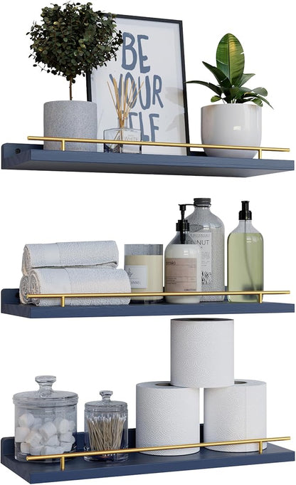 WOPITUES Floating Shelves with Gold Metal Guardrail, Shelves for Wall Decor Set of 3, Wall Shelves for Bedroom, Bathroom, Kitchen, Living Room, Plants, Picture Frames, Art- Gold in Navy Blue