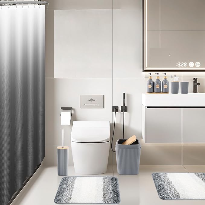 32PCS Grey Bathroom Accessories Set with Shower Curtain,Rugs,Trash Can,3PCS Lotion Soap Dispenser, Toothbrush Holder, Soap Dish,Tumbler Cup,6PCS Wood Tags Bath Accessories with Tray for Bathroom