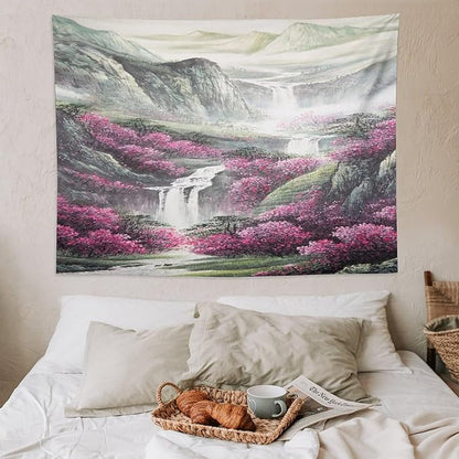 Japanese Tapestry, Red Plum Blossom Mountain Tapestry, Asian Japanese Wall Tapestry, Nature Landscape Tapestries for Bedroom Living Room Decor 80"x60"