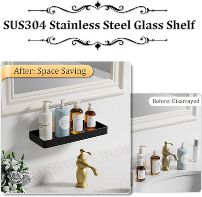 Alise Glass Bathroom Shelf,Black 11.8 Inch Rectangular Floating Shelves for Bathroom, Showers, Vanities, Kitchens,SUS304 Stainless Steel Glass Shelf for Toilet Room Decoration