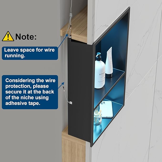 Stainless Steel Shower Niche 12" X 18", No Tile Needed Wall Niche with RGB Led Light, Recessed Shower Shelf for Bathroom Storage Over Mount Installation, Matte Black