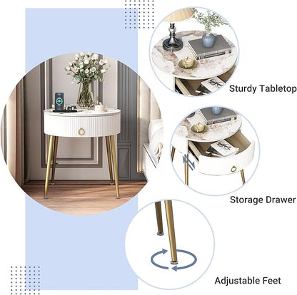 OIOG Round Nightstand with Drawer, Modern Side Table with Marbling Natural Stone Tabletop and Metal Legs, Small End Table with Storage for Living Room and Bedroom, Gold