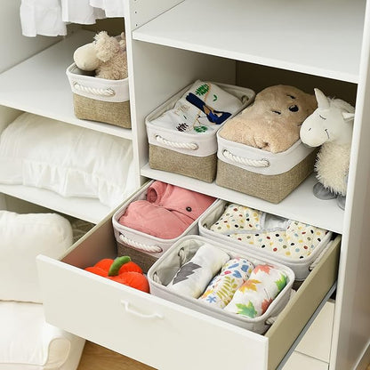 TcaFmac Storage Bins for Shelves - Small 6 Pack Collapsible Storage Basket for Organizing, Fabric Storage Cubes with Handle for Closet Cloth Toy Gift Kids (White & Khaki 11.8x7.8x5.2 inch)