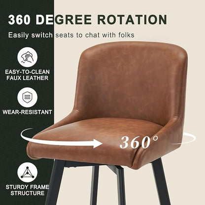 Swivel Bar Stools Set of 4, 26''H Upholstered Barstools with Backs, Modern Counter Height Bar Stool Chairs for Kitchen Island, Metal Legs, Faux Leather, Brown Counter Stools