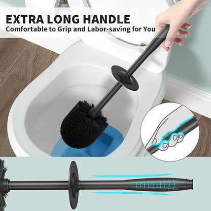 Toilet Brush and Holder 2 Pack, Toilet Bowl Brush with Extra Long Handle, Toilet Scrubber and Covered Holder, Toilet Brushes for Bathroom-Space Saving, Covered Brush, Durable, Deep Cleaning(Black)