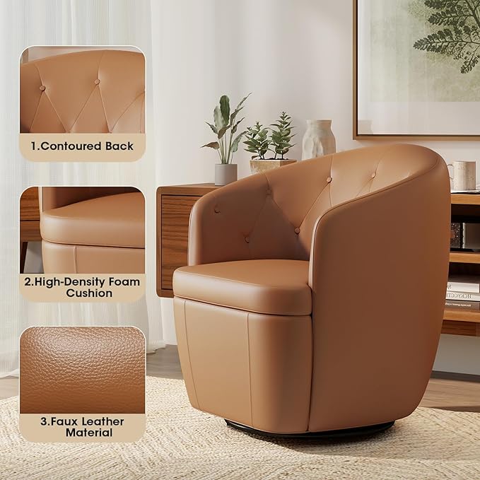 360° Swivel Leather Accent Chair, Modern Barrel Club Chair with Leather Upholstery and Sturdy Base, Comfortable Armchair for Living Room, Bedroom, Reading Nook, Brown