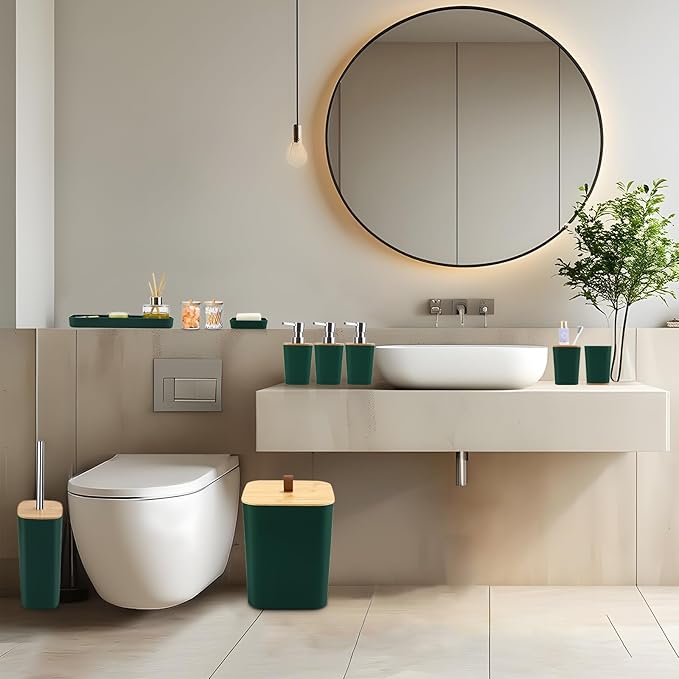 Bathroom Sets with Shower Curtain and Rugs, 27PCS Dark Green Bathroom Accessories Set with Trash Can, Green Shower Curtain Set, No Slip Super Absorbent Bathroom Rugs