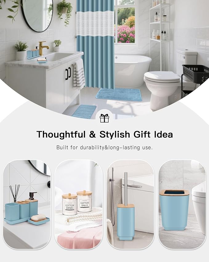 Bathroom Accessories Set,Blue Bathroom Set,24 Pieces Bathroom Accessory Set with Shower Curtain,Trash Can for Bathroom Accessories Décor and Home Gifts