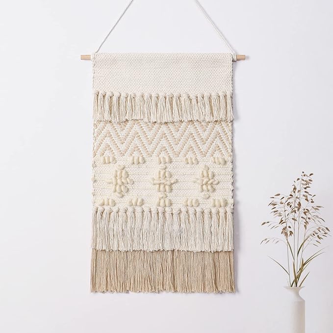 Dremisland Macrame Woven Wall Hanging Home Decor Bohemian Beige Geometric Wave Art Decor with Wool Ball and Tassle-Elegant Apartment Bedroom Dorm Room Door Decoration, 15.7" W x 22" L (Beige Wool Ball)
