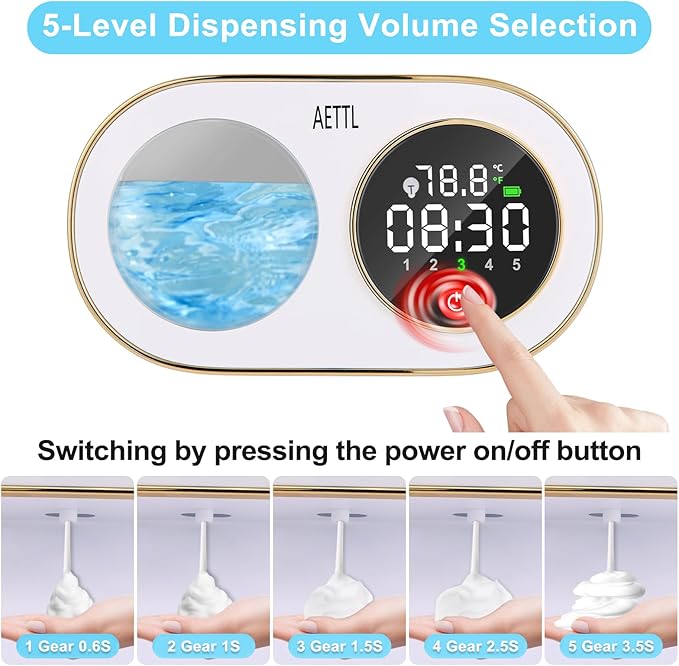 Touchless Automatic Foaming Hand Soap Dispenser Wall Mount,Kitchen Bathroom,Modern Smart Home,USB Type-C Rechargeable,Long Battery Life,Time and Temperature Display,5-Level Adjustable,10.8 oz